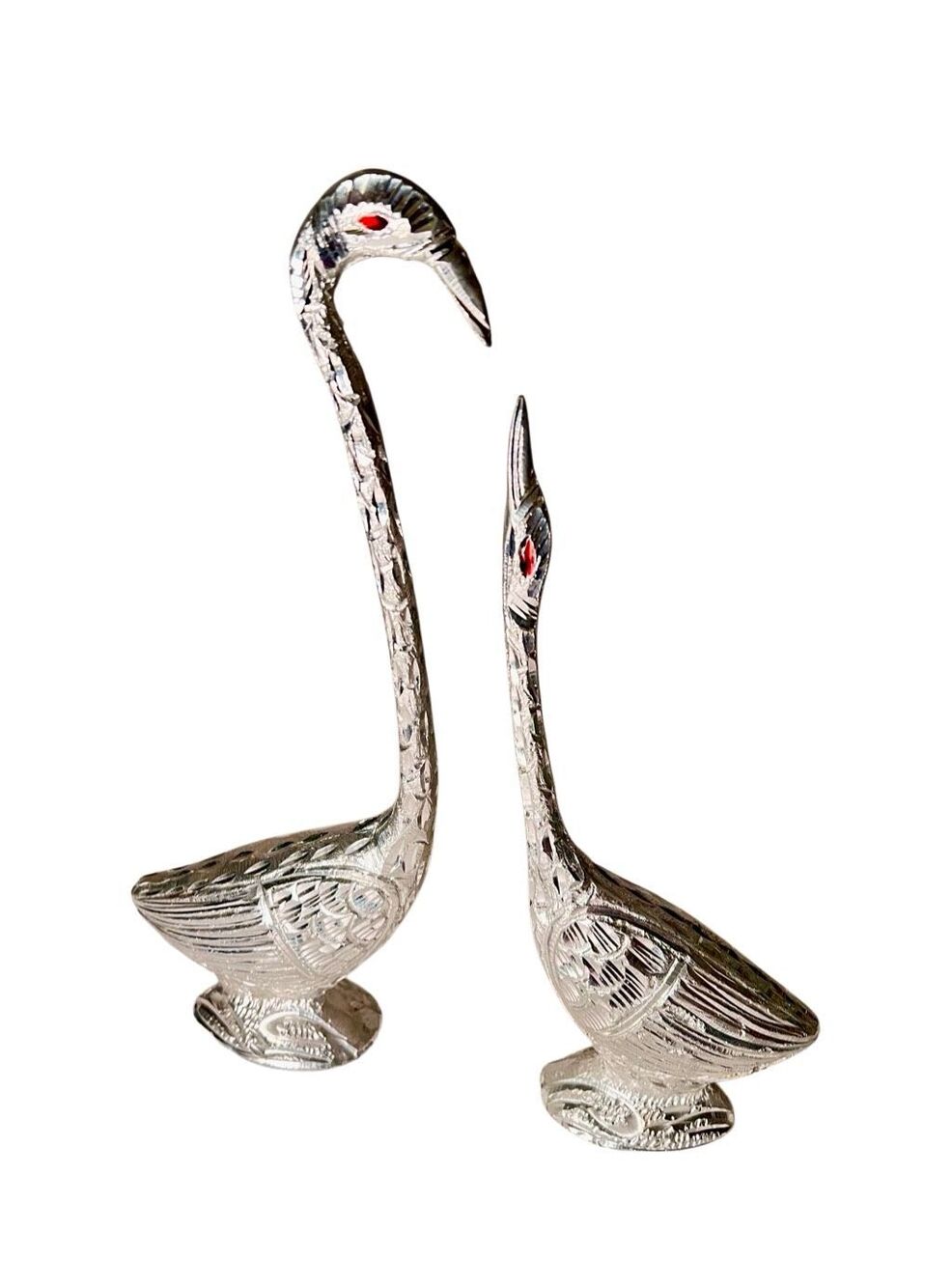 Vintage White Metal Kissing Swan Couple Statue Set | Silver Love Birds